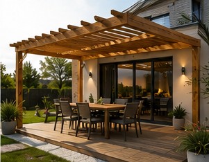 Terrasse en bois avec mobilier, pergola, et jardin verdoyant en arrière-plan.